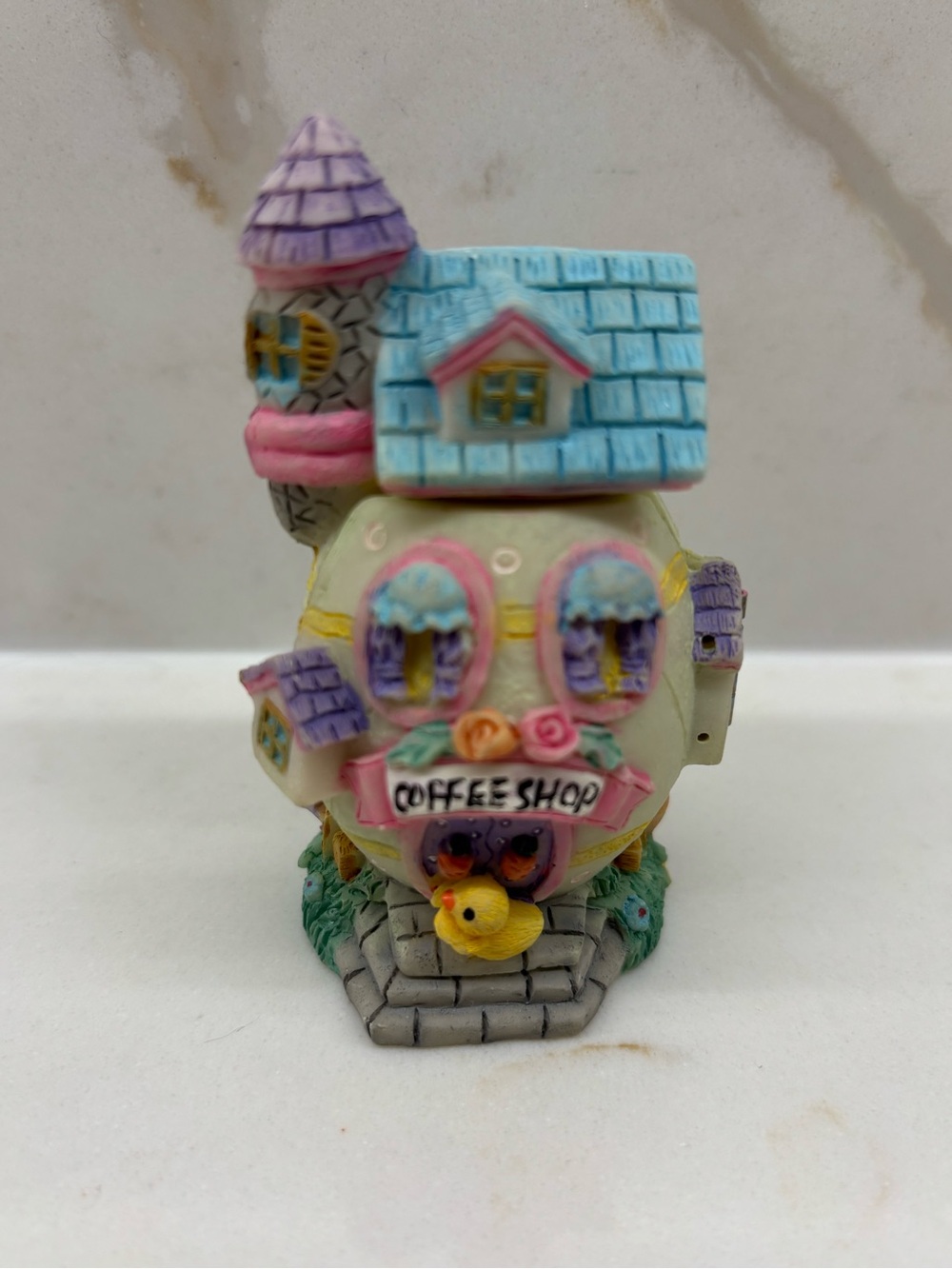 Vintage Miniature Pastel Coffee Shop Hinged Resin Egg House with Student Bunnies